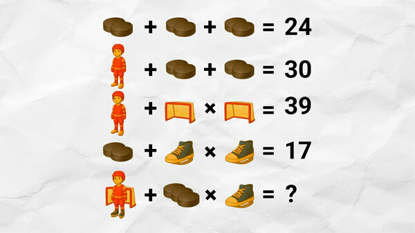 Шешімі (қадамдап):

3 шайбы = 24
→ 1 шайбы = 24 ÷ 3 = 8
Хоккейші + 2 шайбы = 30
Хоккейші + 2×8 = 30
Хоккейші + 16 = 30
→ Хоккейші = 30 − 16 = 14
Хоккейші + қақпа × қақпа = 39
14 + қақпа × қақпа = 39
қақпа × қақпа = 39 − 14
қақпа² = 25
→ қақпа = 5  (өйткені 5 × 5 = 25)
2 шайбы + коньки × коньки = 17
2×8 + коньки² = 17
16 + коньки² = 17
коньки² = 1
→ коньки = 1  (1 × 1 = 1)
Енді соңғы сұрақ:
Хоккейші + 3 шайбы × коньки = ?
14 + 3 × 8 × 1
= 14 + 24
= 38

Жауабы: 38
Хоккейші + үш шайбы × коньки = 38  